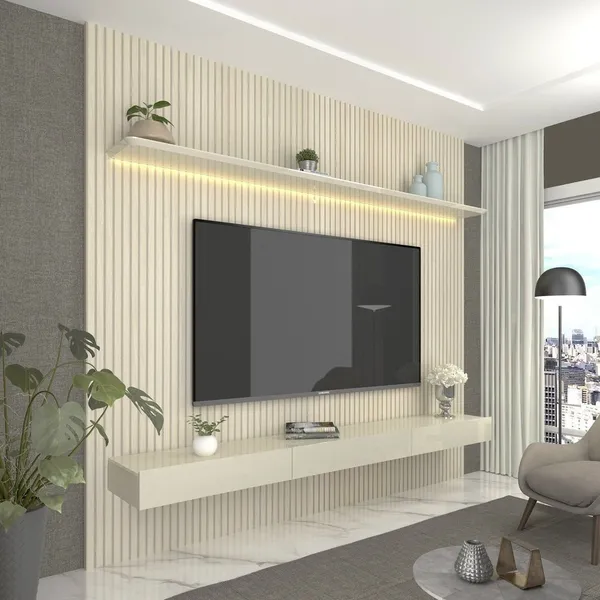 Painel para TV até 90 Polegadas com LED 100% MDF 224CMX250CM Impressão Ripada com Gaveta Requinte Branco Off White