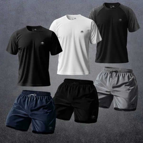 Kit 6 Masculino: 3 Camisetas Dry Fit Academia e 3 Short Masculino Verão P ao Plus