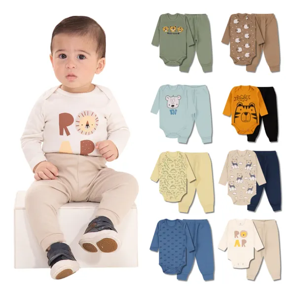 Kit 6 Peças de Roupas para Bebê Menino (3 Body Longo + 3 Calça Mijão) Kit 3 Body Roupa Infantil Bebê