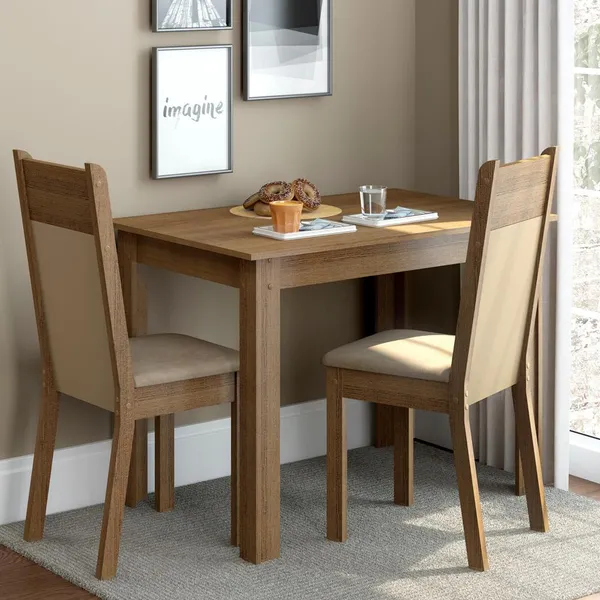 Conjunto Sala de Jantar Madesa Lola Mesa Tampo de Madeira com 2 Cadeiras Rustic/Crema/Pérola