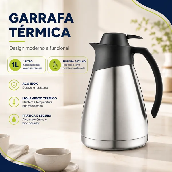 Vittak Garrafa Térmica Café Inox 1 Litro com Gatilho de Pressão Bule para Chá Leite Chimarrão, Mantém Quente e Frio