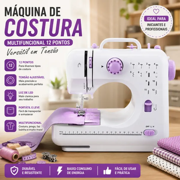 Mini Máquina De Costura Multifuncional Doméstica Composta de 12 Pontos - Bivolt