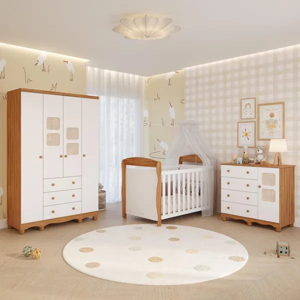 Quarto Bebê Completo Berço Americano Marquesa 3 em 1 Guarda Roupas 4 Portas Cômoda Telinha 100% MDF