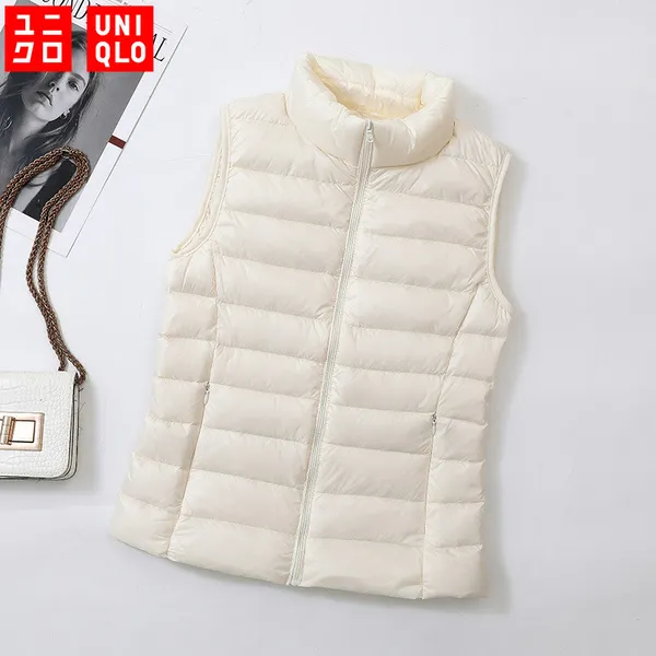 (12 Cores) UNIQLO Jaqueta Para Baixo Leve Feminina Sem Mangas Alta Qualidade Mantenha-te aquecido Colete Casaco