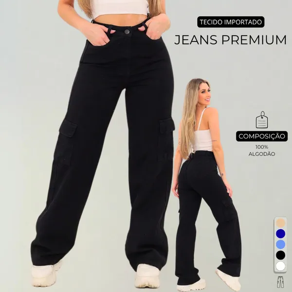 Calça Cargo Feminina Preta Jeans Original  Wide Leg Cintura Alta 34 Ao 44 + 5 Cores