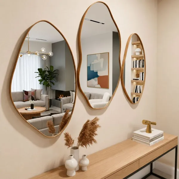 Kit 3 Espelhos Decorativos Orgânicos com Moldura em Couro Reforçado – Moldura Premium para Sala Hall