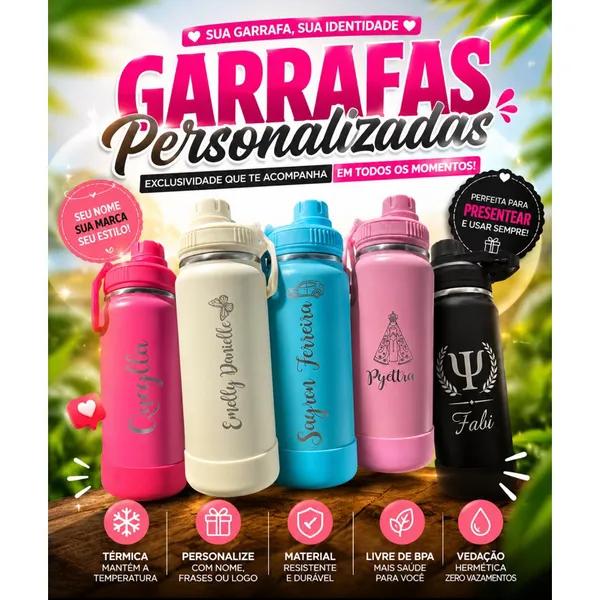Garrafa Inox 350ml, 600ml, 750ml, 800ml - Leve E Prática Personalizada - Logo e Nome