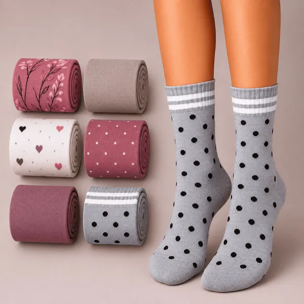 Kit 6 Pares de Meia Feminina Cano Alto Tecido de Algodão Confortável e Macio Estampas e Cores Sortidas