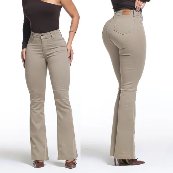 Calça Feminina Flare Pantalona Bege Jeans Premium Empina Bumbum Boca de Sino Cos Alto Com Elastano