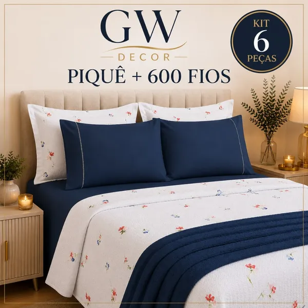 Kit 6 Peças Piquê + 600 Fios Jogo de Cama Macio e Sofisticado Casal Queen e King