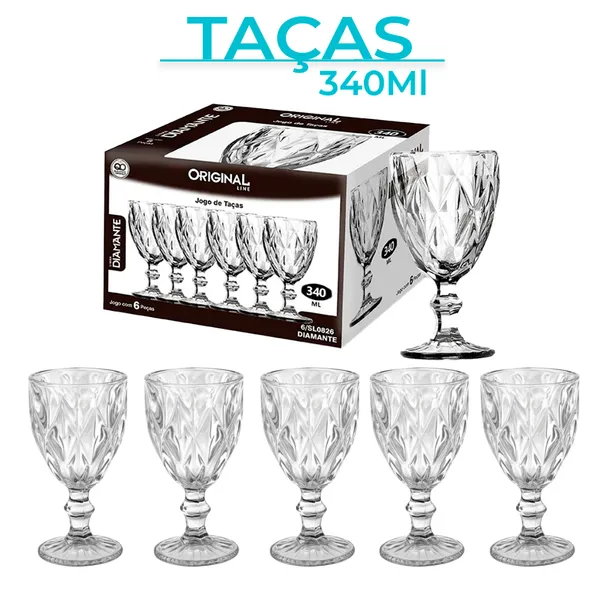 Jogo Taças Vidro Diamond Bico Jaca Abacaxi para Água, Vinho e Suco