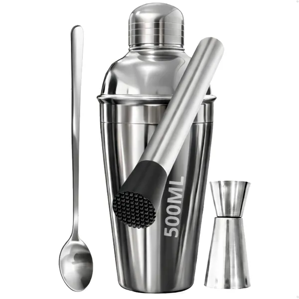 Kit Caipirinha Bartender Inox Coqueteleira 4 peças 500ml  - Socador - Dosador Drinks Colher Premium
