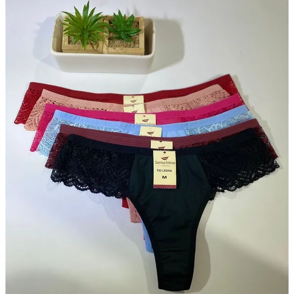 Kit ​10 Calcinhas Alice Fio Dental E Renda Na Lateral Lingerie Feminina