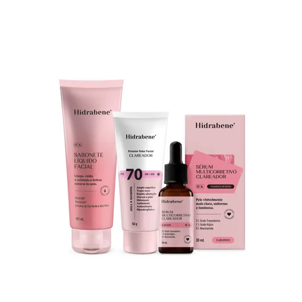 Kit Clareador Facial (Sabonete Líquido, Protetor Solar 70 FPS, Sérum Multicorretivo)