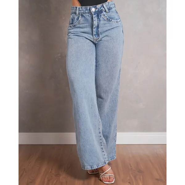Calça Jeans Feminina Wide Leg Shopee Gaven Cintura Alta Tecido Grosso Marmorizada Linha Premium