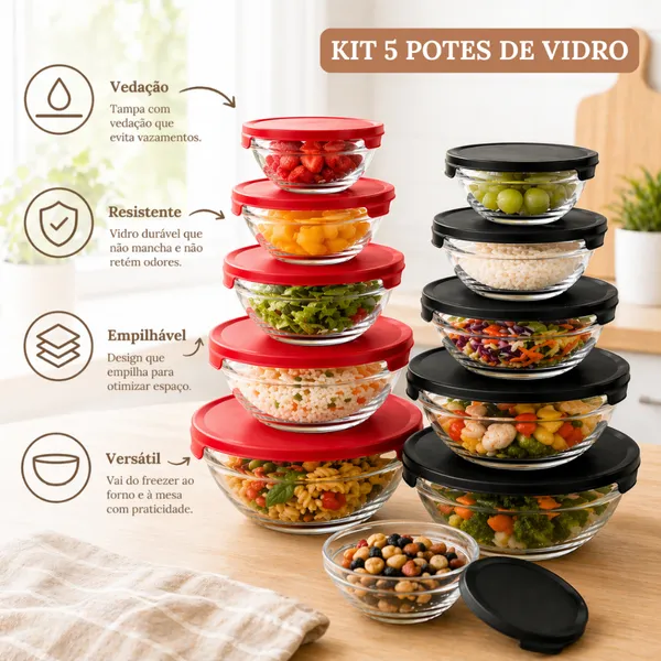 KIT 5 POTES DE VIDRO HERMÉTICO COM TAMPA REDONDO