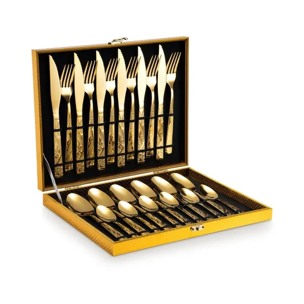 Faqueiro Inox Premium 24 Peças com Detalhes Dourados + Estojo Maleta Jogo de Mesa