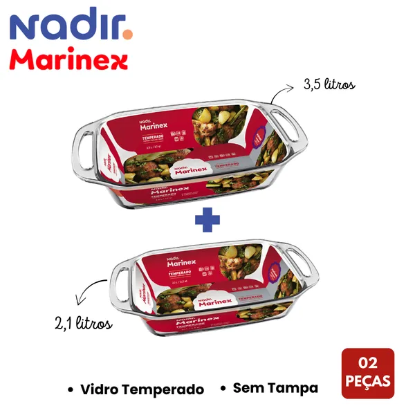 Kit com 02 Assadeiras Retangular de Vidro Temperado Sem Tampa Seletta Marinex 2,1LT + 3,5LT