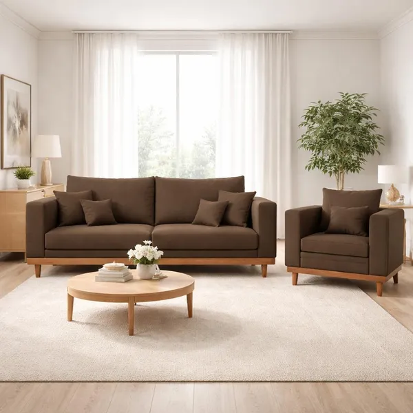 Kit Poltrona Living + Sofá 3 Lugares com Base Madeira Suede