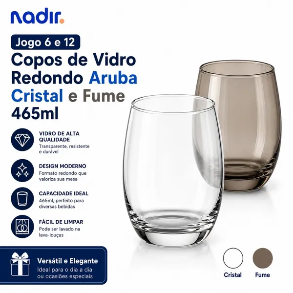 Jogo 6 e 12 de Copos De Vidro Redondo Aruba Cristal 465ml Mesa Posta Resistente Transparente Nadir