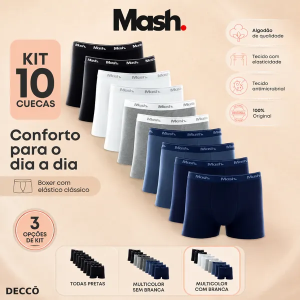 Kit com 10 Cuecas Mash Boxer Modelo Tradicional em Cotton Algodão