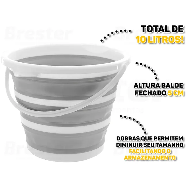 Balde Dobrável Retrátil Multiuso 10 Litros Com Alça Gancho Dobra Emborrachada Branco/Cinza Powermaid