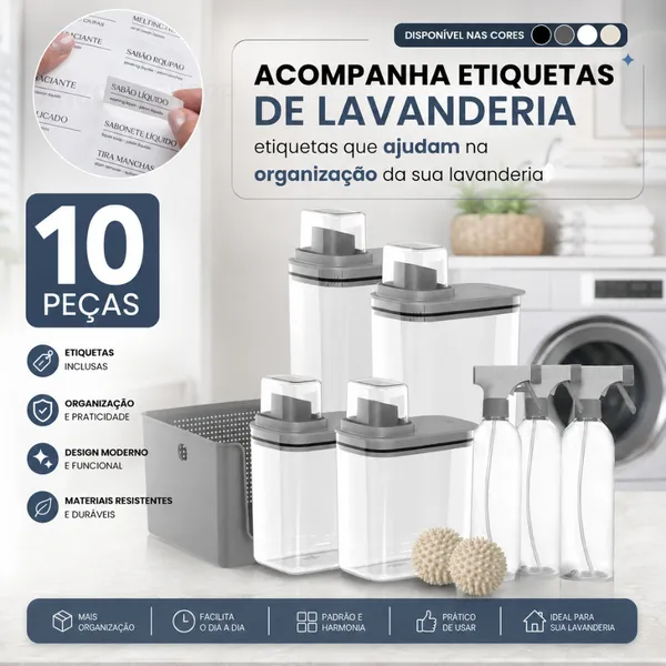 Kit Organizador de Lavanderia 10 Peças Dispenser 1,5L + 2,3L 3 Borrifadores 500ml Cesto 16L 2 Esferas Seca Roupa