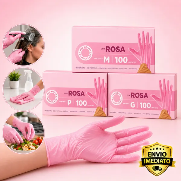 Luva Rosa Newflex Sem Pó com 100 Unidades Tamanho  P M G | Descartável | Envio Imediato