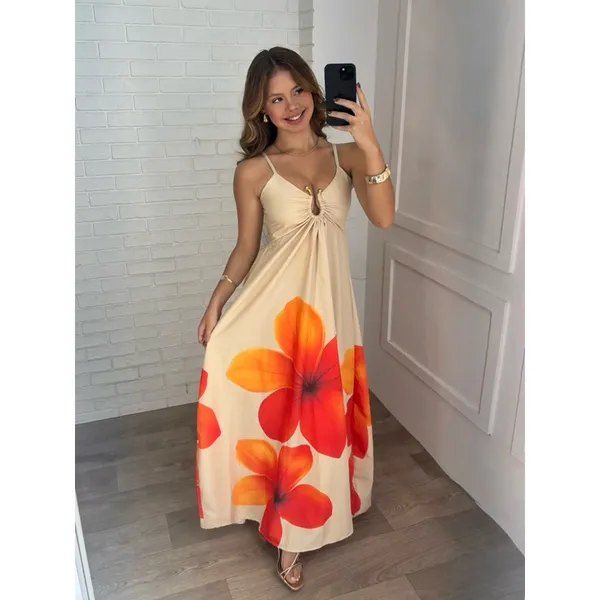 Vestido Longo Feminino Estampado Floral Alça ​Fina Verão Luxo