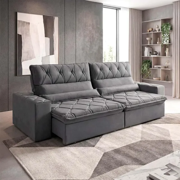 Sofá Retrátil/Reclinável França 3,00m Suede Velut Cinza c/ Molas no Assento - King House