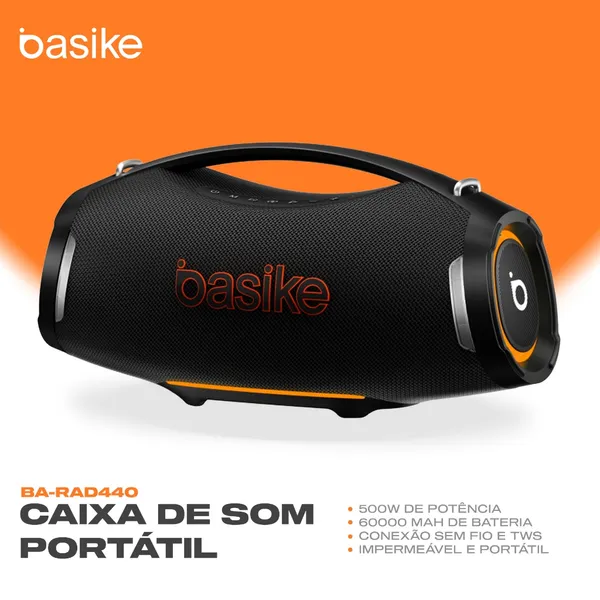Caixa de Som Portátil Basike Bluetooth 500W Graves Fortes 60000mAh IPX6 À Prova D'água RGB TWS