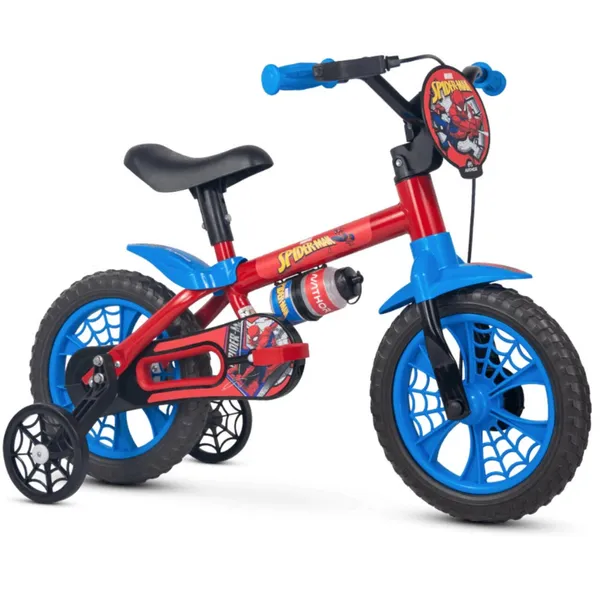 Bicicleta Infantil SPIDER MAN Aro 12 com Rodinhas de Equilíbrio Garrafinha de Água Nathor