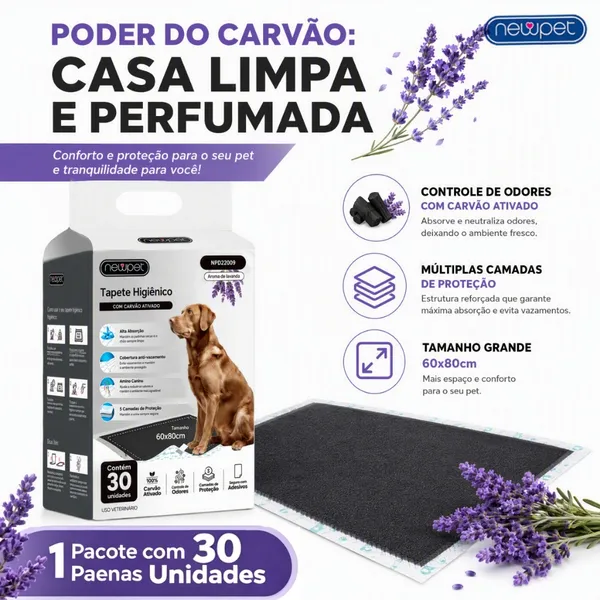 Tapete Higiênico Cães Carvão Bambu Ativado Aroma Lavanda 30 Unidades 80X60 cm