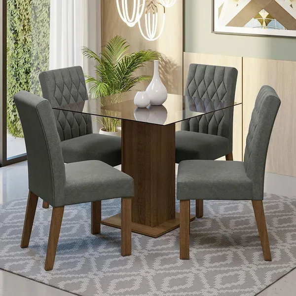 Conjunto Sala de Jantar Mesa Tampo de Vidro 4 Cadeiras Rustic/Silver Noemi Madesa