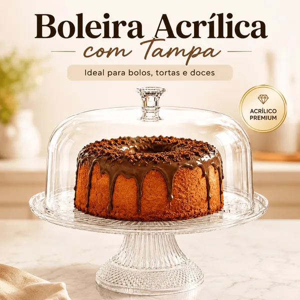 Boleira Acrílica com Tampa 30cm Suporte para Bolo Torta Doces