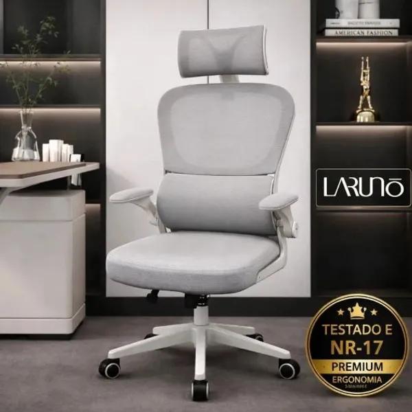 Cadeira de Escritório Ergonômica LARUNO - Cinza, Giratória, Apoio Lombar e Braços Ajustáveis