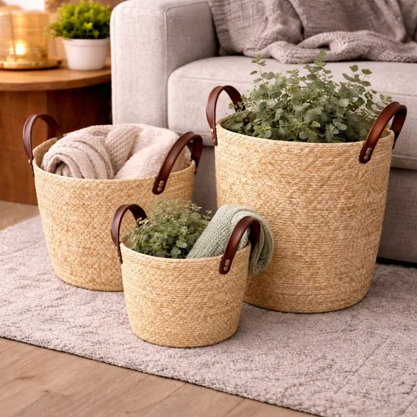 Cesto Organizador Fibra Natural com Alça 33x28cm Cor Moccá Decorativo Boho Multiuso