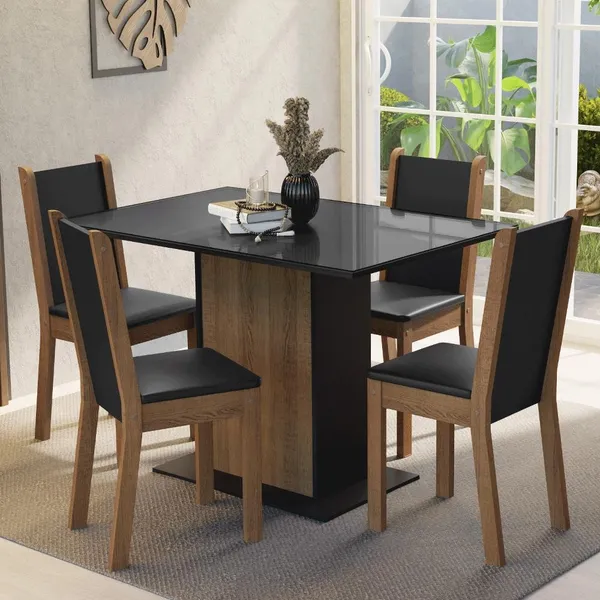 CONJUNTO SALA DE JANTAR MESA TAMPO DE VIDRO 4 CADEIRAS PRETO/RUSTIC MARTINA MADESA