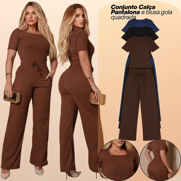 Conjunto Feminino Calça Pantalona e Blusa Gola Quadrada Inverno Frio
