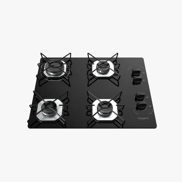 Fogão Cooktop Fogatti à Gás Ori 4 Bocas Vidro Preto Flange Inox Bivolt - Acendimento automático