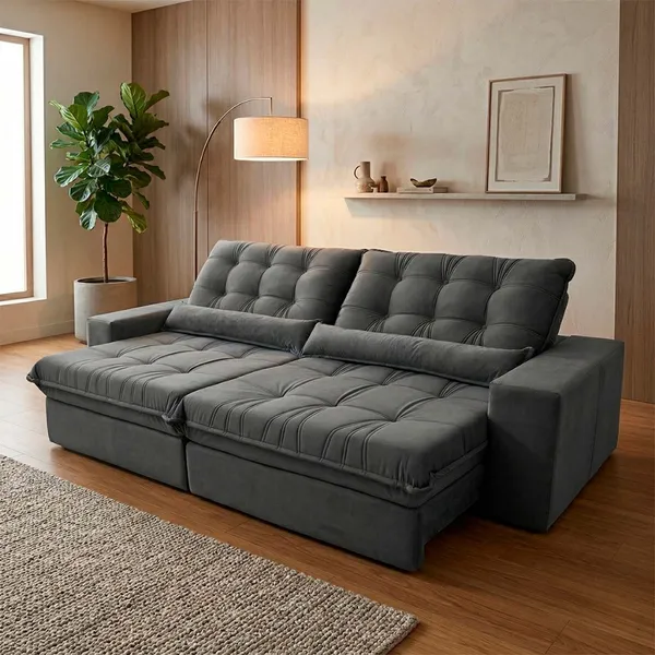 Sofá Retrátil Reclinável Zurique 2,50m Suede Velut Cinza  Molas no Assento - King House