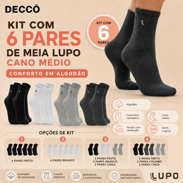Kit Com 6 Pares De Meias Lupo Sport Cano Médio Esportiva Adulto Em Algodão