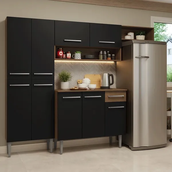 ARMÁRIO DE COZINHA COMPLETA 229CM RUSTIC/PRETO EMILLY MADESA 016