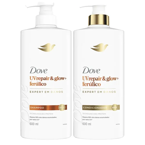 Kit Dove Shampoo 600ml + Condicionador 600ml UV Repair & Glow + Ferúlico