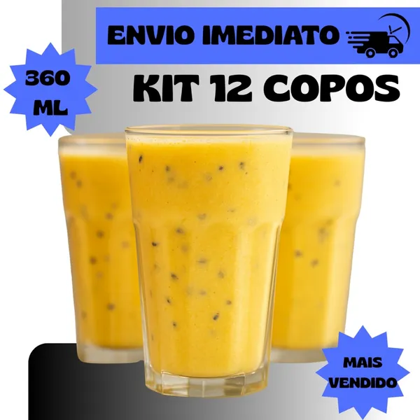 Conjunto Kit 4/6/12 Unidades Copos Vitamina Transparente Premium Resistente Grosso Suco Agua 360 ml