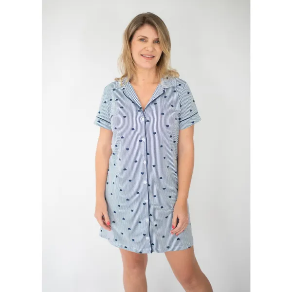 Camisola Americana com Botões Frente Manga Curta Algodão Amamentação Verão -Listrado Marinho Coração