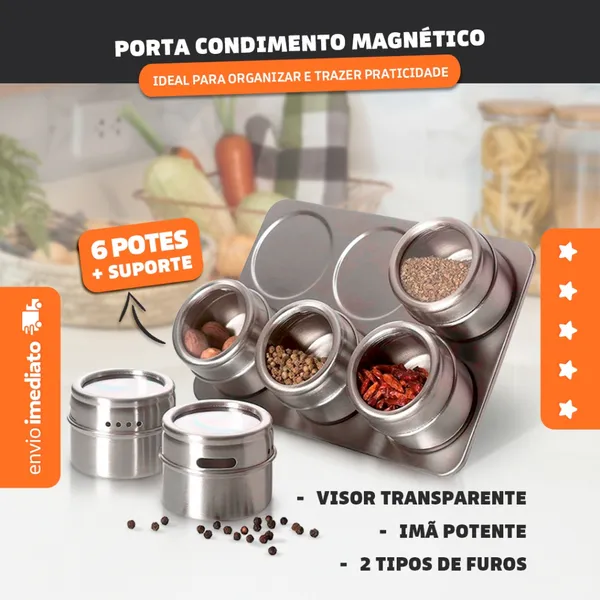 PORTA CONDIMENTO MAGNÉTICO 6 PEÇAS TEMPERO AÇO INOX