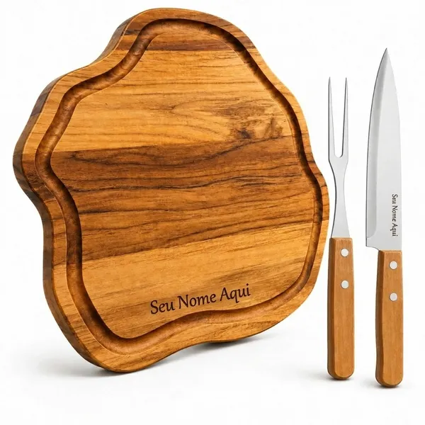 kit churrasco personalizado tábua premium faca e garfo inox