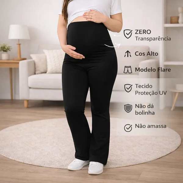 Calça Legging Gestante Flare Cós Alto Conforto Sustentação Zero Transparência Proteção UV