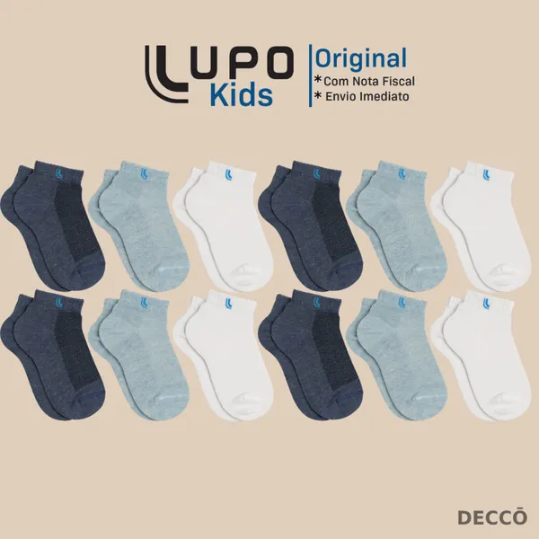 Kit De 12 Pares Meias Lupo Kids Infantil Cano Curto Algodão Tamanho 24 ao 35